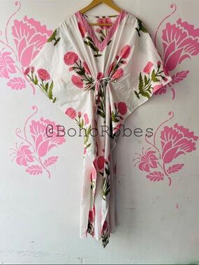 White Floral Embroidered Kaftan Dress with Pink Accents